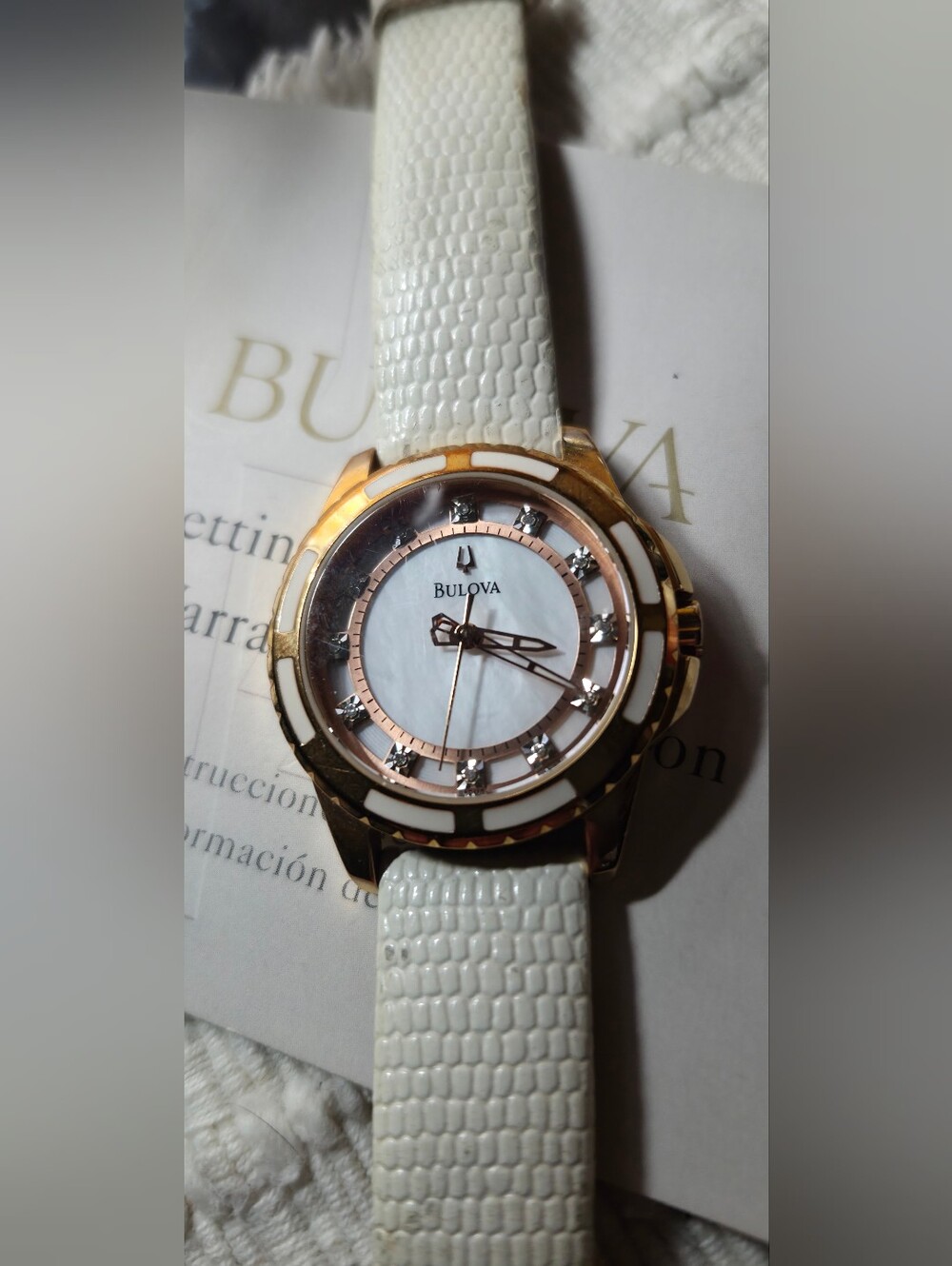 Bulova White and Rose Gold Women's Dress Watch, Mother Of Pearl,Dimonds The Dial